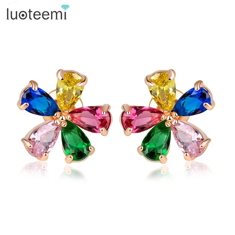 LUOTEEMI,, серьги-гвоздики в виде цветов, модные, розовое золото, разноцветный кубический циркон, благородный цветок, красивые серьги-гвоздики для женщин