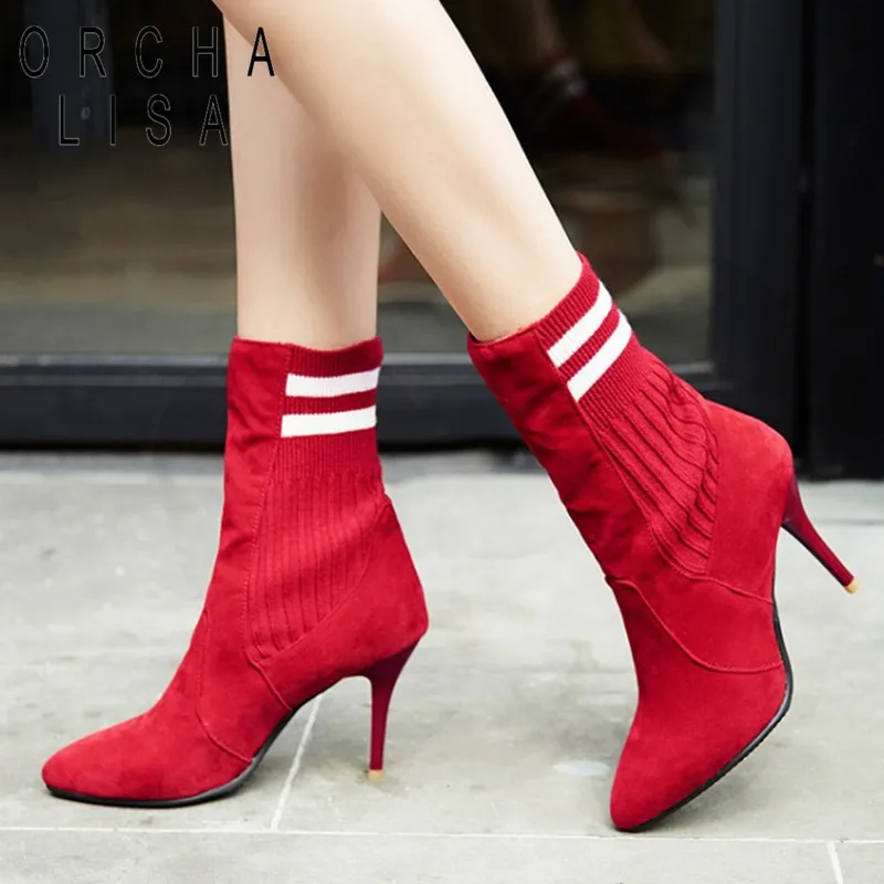 

ORCHA LISA sexy Sock boots New Design Stretch boots Knit Bootie Elastic Thin heel Pointed Toe femme Women boots botas C570
