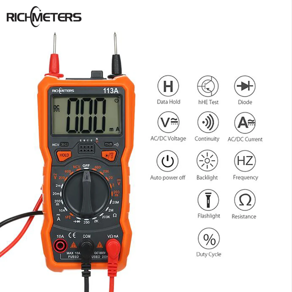 RICHMETERS NCV Цифровой мультиметр 2000 отсчетов HFE AC/DC измеритель напряжения вспышка светильник задний светильник большой экран RM113A мультиметры