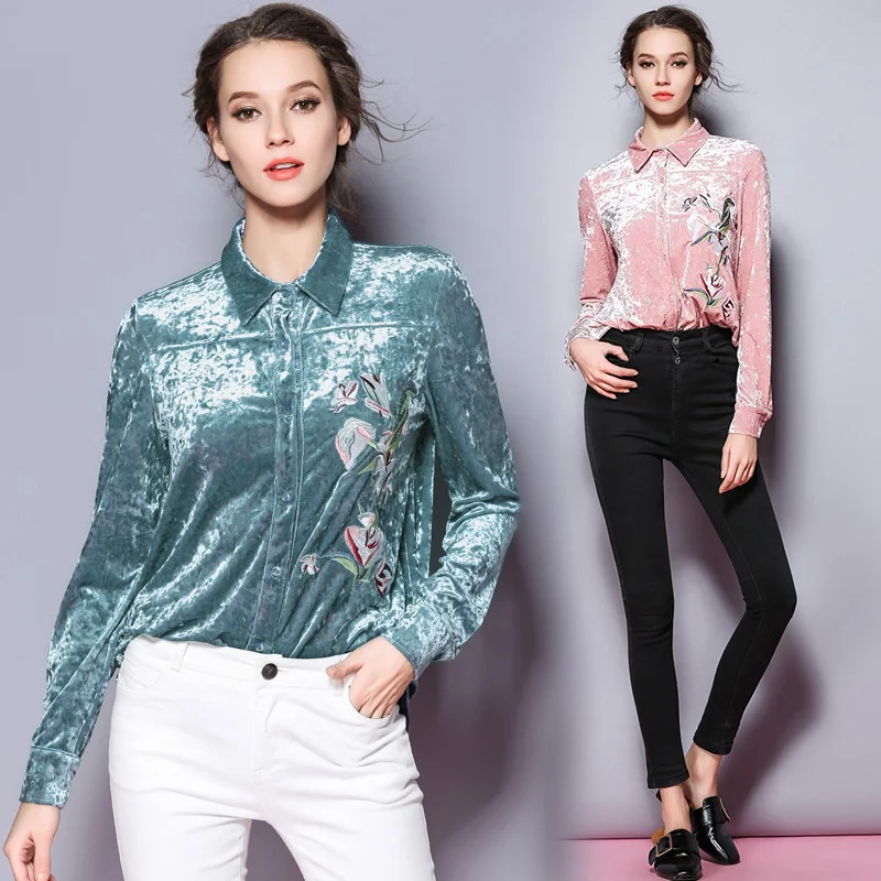 Solapa Rosa flor bordado blusa Mujer Tops Blusas De Mujer De Moda De Primavera De 2018 camisa De manga larga De terciopelo Ropa De Mujer K3266 Solapa Rosa flor bordado blusa Mujer Tops Blusas De Mujer De Moda De Primavera De 2018 camisa De manga larga De terciopelo Ropa De Mujer K3266