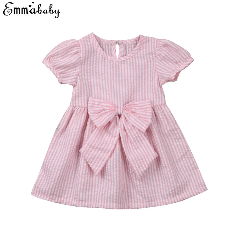 

Baby Girls Dress Toddler Kids Casual Short Sleeve Striped Dress A Line Dresses With Bow Girls Clothes