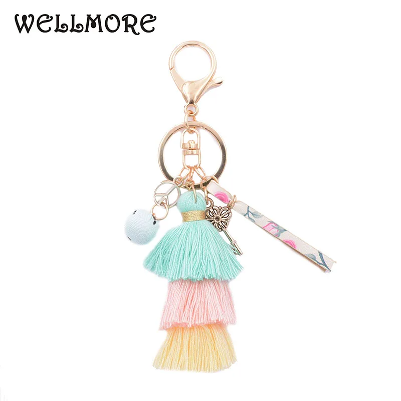 WELLMORE BOHEMIA leather,Cloth ball,key,long tassel colorful alloy Key Chain For Women Girl Bag Keychain wholesale jewelry