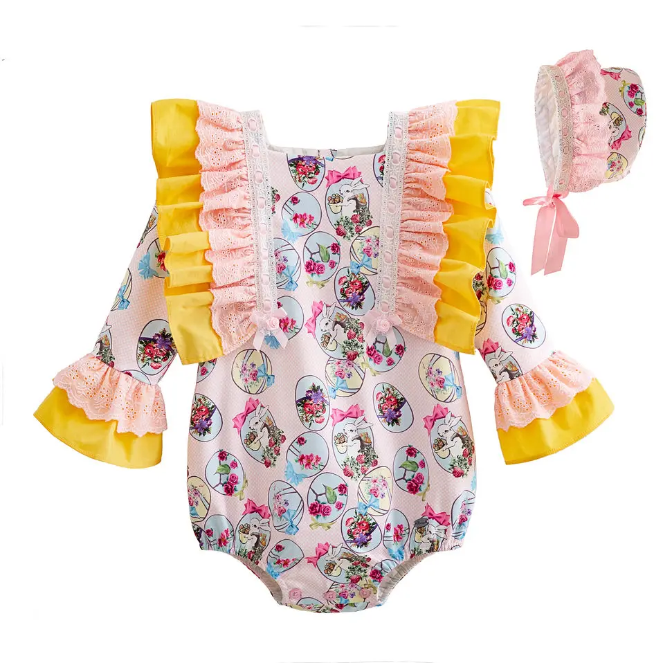 

Pettigirl Wholesale Easter Yellow Baby Girl Romper With Bonnet Floral Print Princess Costume Fashion Kid Clothes G-DMRR112-B484