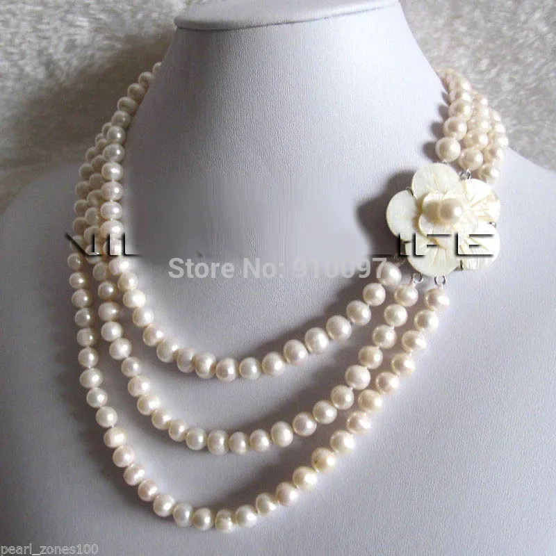 

LHX5568>>>17-20" 7-8mm 3row White Freshwater Pearl Necklace Shell Clasp