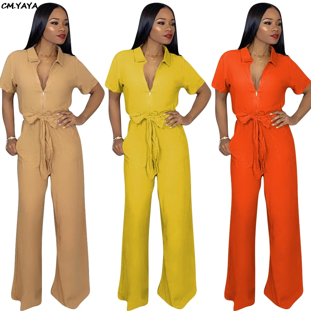 

2019 women new button up turn down neck short sleeve wide leg jumpsuit fashion vintage romper lady office playsuit outfit 6215