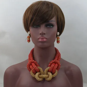 

Trendy Champagne Gold African Costume Jewelry Set Red Nigerian Wedding African Beads Jewelry Set Chunky Free Shipping ALJ683