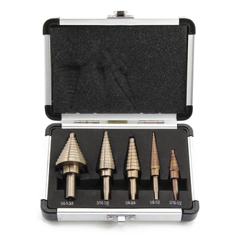 

Wholesales 5 Pcs Large Titanium HSS Step Cone Drill Hole Cutter Bit Set Tool + Case