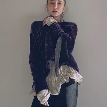 

Newest velvet elegant purple sweater female long sleeve o-neck casual style Pullovers 2019 autumn fashion outerwear tops gx1442