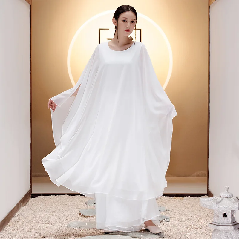 Nouveau Blanc De Costume Été Longues Zen Style Manches Robe À Femmes Danse Chinois W9ID2YHE