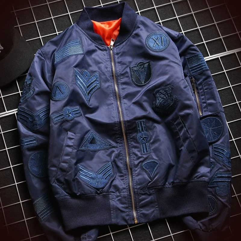 Новые осенние Для мужчин Курточка бомбер цвета — красный, синий, черный вышивальный знак верхняя одежда MA1 Летающий летная куртка пилота Военная Униформа мужской пиджак пальто