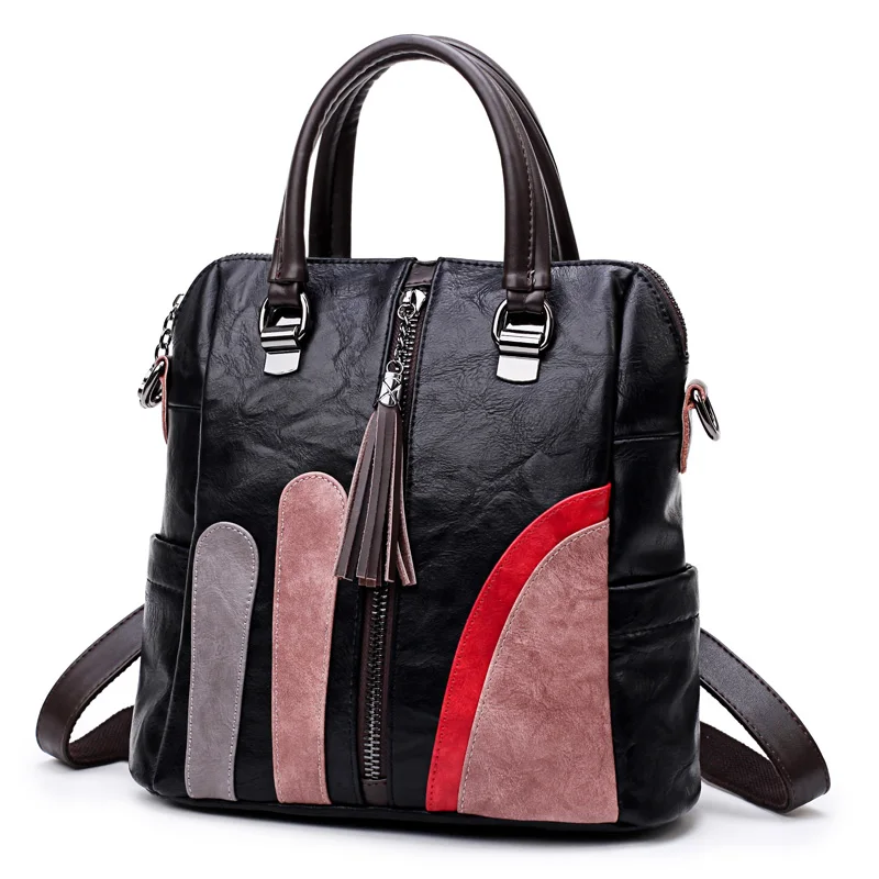 Женский многофункциональный рюкзак на молнии, высококачественные кожаные школьные сумки с кисточками для девочек-подростков, женская сумка через плечо, дорожные сумки - Цвет: Black