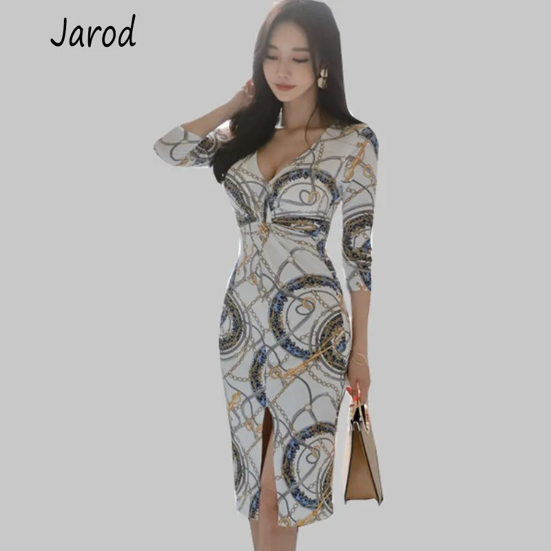 

2019 Summer Women Elegant Chain Printed V-Neck Half Sleeve Slim Sheath Dress Prom Formal Party Dresses Office Lady Work Vestido