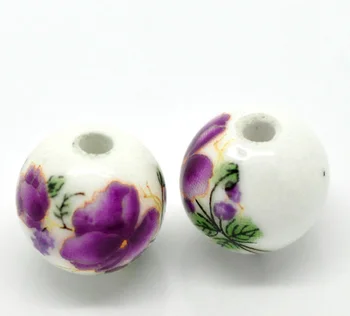 

DoreenBeads 30PCs Purple Flower Pattern Round Ceramic Beads 12mm( 4/8")Dia. (B20817)