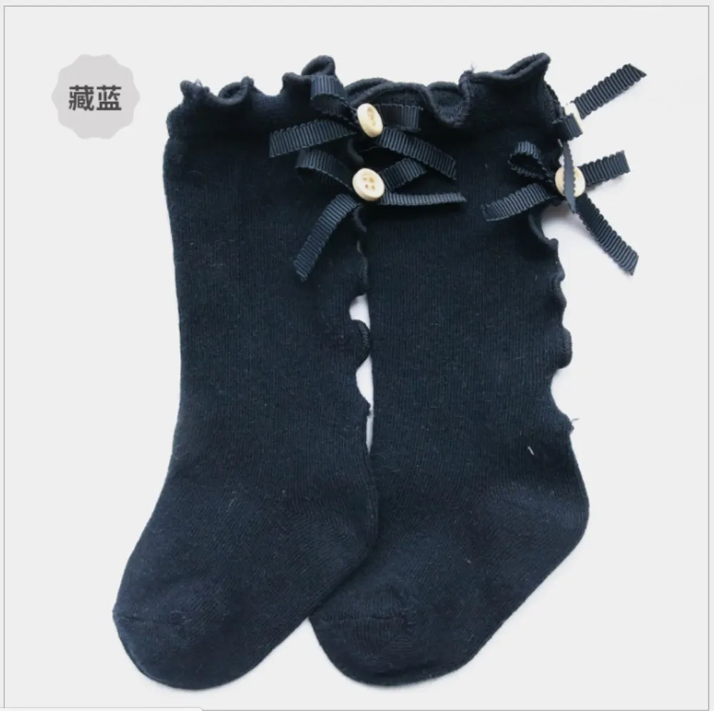 От 0 до 3 лет, носки для новорожденных девочек, элегантные мягкие хлопковые носки с бантом для младенцев, теплые милые эластичные носки принцессы - Цвет: Тёмно-синий
