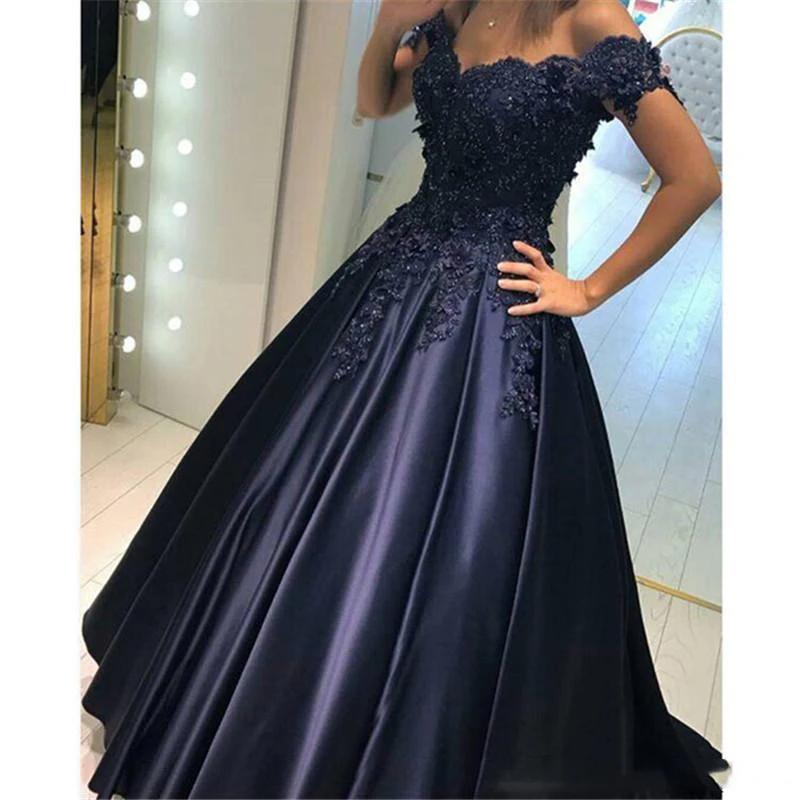 

Ball Gown Navy Blue Arabic Formal Wedding Dresses off the Shoulder Beaded Lace Appliques Princess Colorful Bridal Gowns