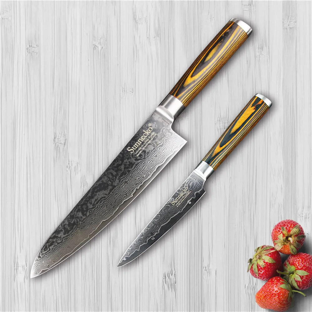 

SUNNECKO Utility Chef Knife Damascus Steel Japanese VG10 Core Blade 2PCS Kitchen Knives Set Pakka Wood Handle Fruit Cutting Tool