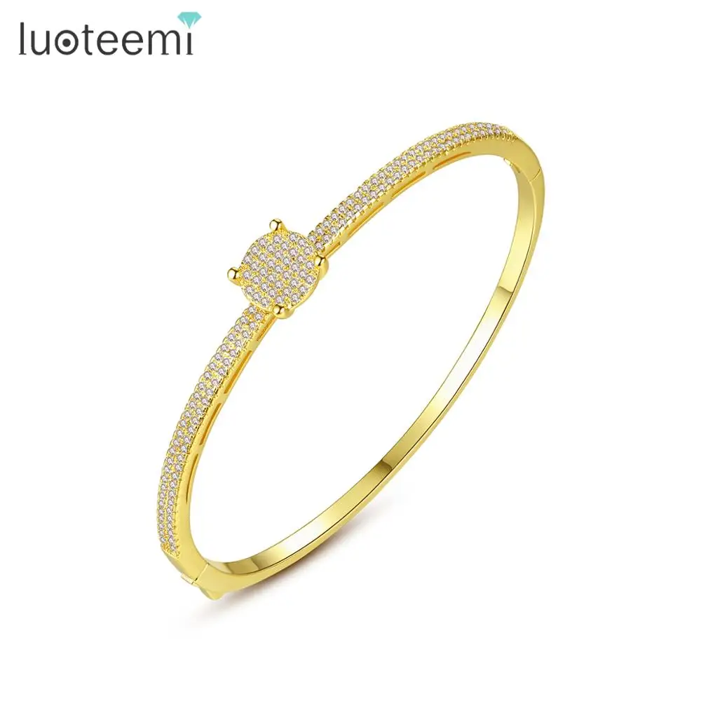 

LUOTEEMI Popular Bangles for Women Wedding Dating Shiny Square CZ Stone Two Colors Pulseira Simple Design Female Christmas Gift