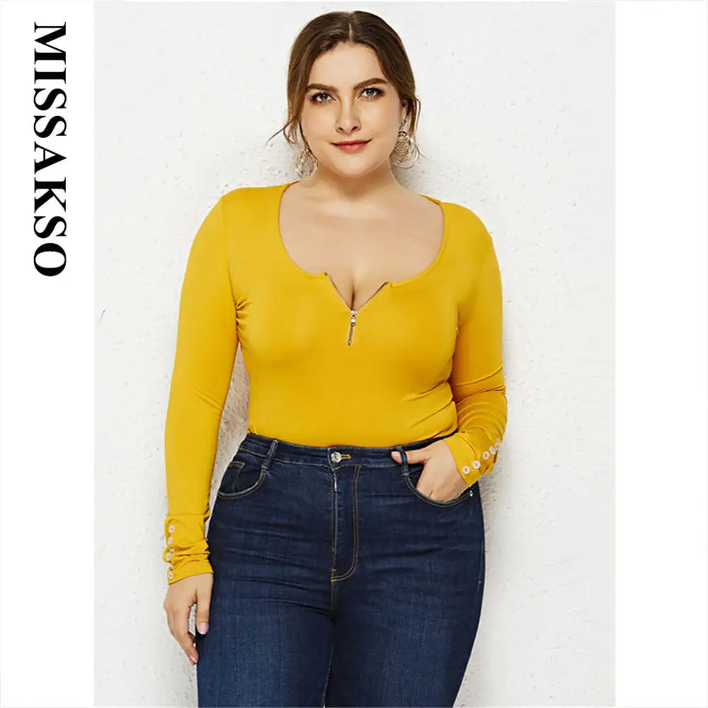 Missakso الأصفر الإناث أسود أبيض ارتداءها يا الرقبة مع سحابات الخريف الربيع غمد Bodycon الصلبة زائد السروال القصير طويلة الأكمام