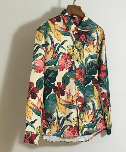 Japanese Style Long Sleeve Floral Hawaiian Shirt Multicolor Printed ...