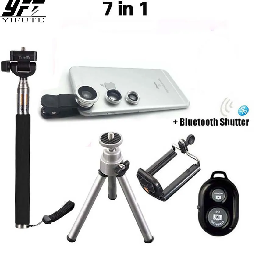 

7in1 Universal clip On 3in1 Lens Kit Fisheye Wide Angle Macro Lens Selfie Stick Tripod With Bluetooth Remote For iPhone Samsung