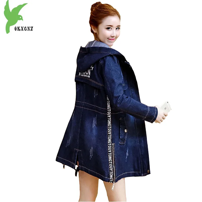 Spring Autumn Women Denim Windbreaker New Fashion Hooded Student Clothes Plus Size Slim Casual Tops Cowboy Trench Coat OKXGNZ