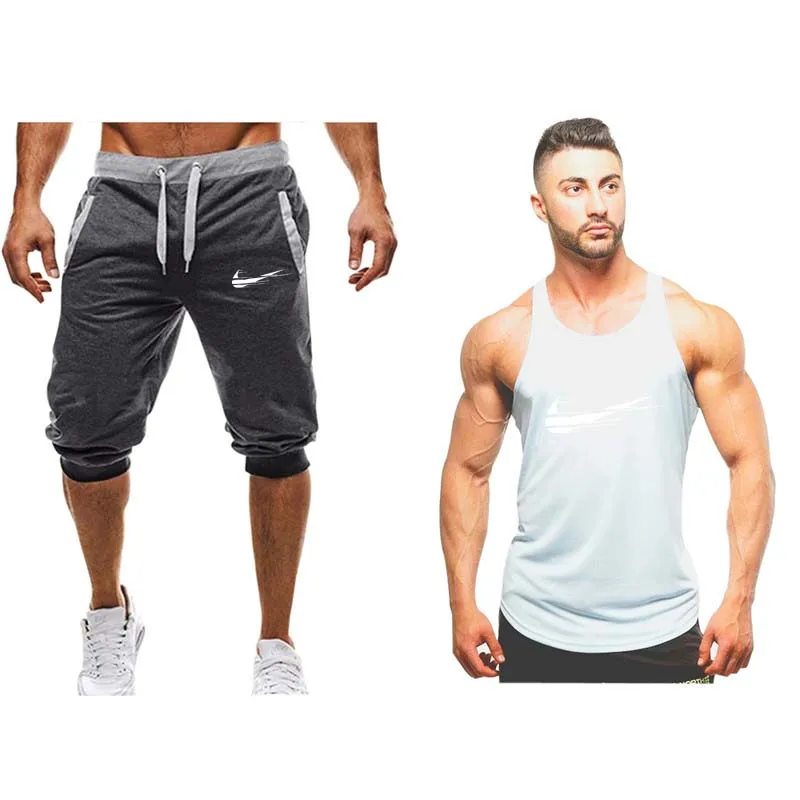 2019 New Summer Men Set 2PC Sporting Suit Short Sleeve Tank top+Shorts Two Piece Set high quality Gym sportwear Tracksuit Men