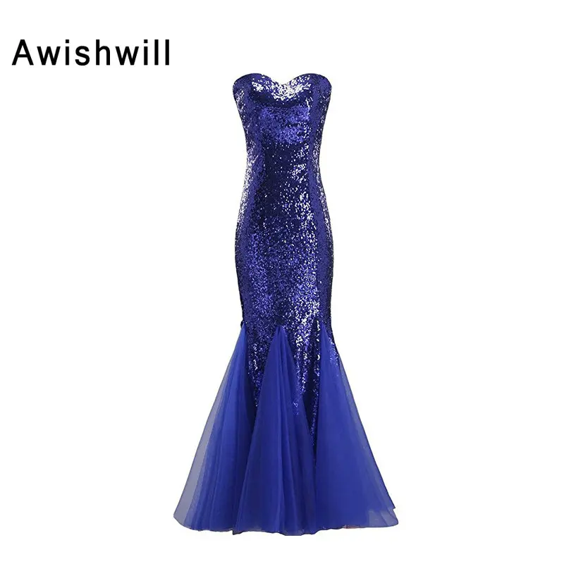 Royal Blue Prom Dresses 2017 Real Photos Mermaid Evening Dresses Floor Length Tulle Sequins Vestido De