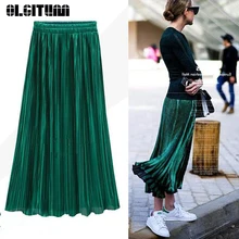 Новая Винтажная плиссированная юбка на весну и лето, женская Европейская юбка с высокой талией, однотонные длинные юбки, металлическая яркая женская юбка, 12 цветов