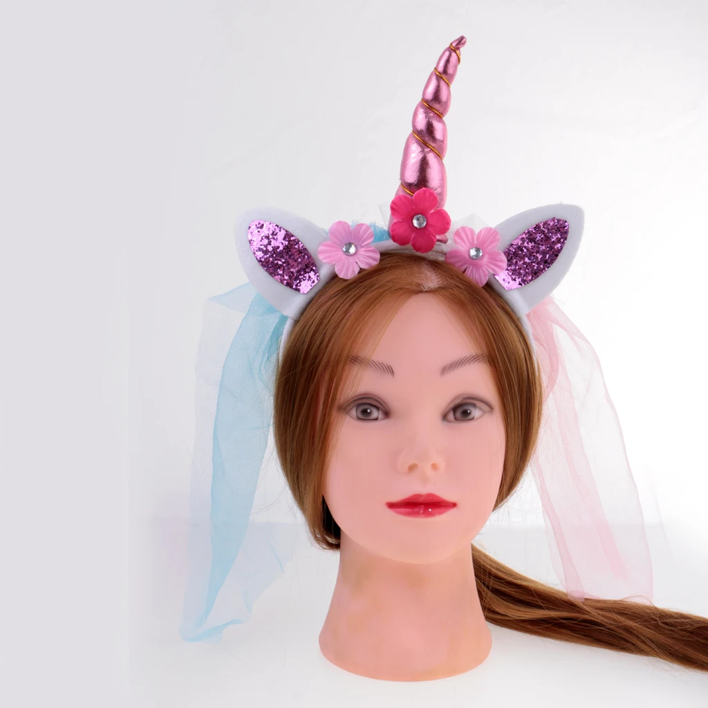 Unicorn Headbands with Ear and Felt Rose Flower Animal Unicorn Birthday Party Stretch Hair Band Girls Christmas Halloween Decor