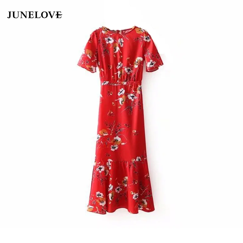 

JuneLove 2019 spring A-line women dress floral printed dress elastic chiffon female vestido casual waist long dress