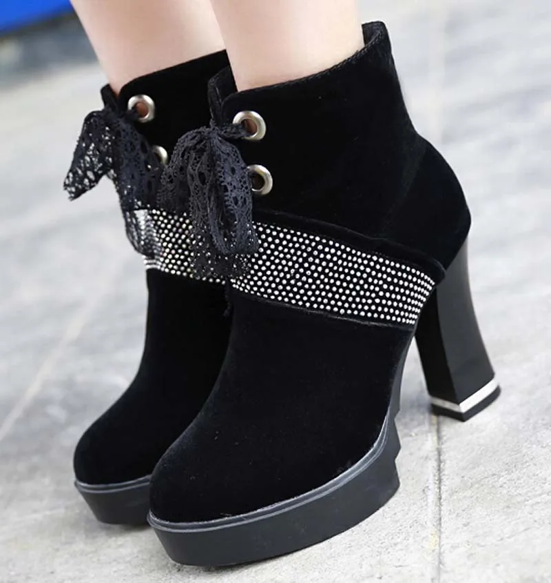 

ENMAYER New quality Women boots lace up sexy High heels Ankle boots round toe simple Rhinestone Lace up Knight boots for Women