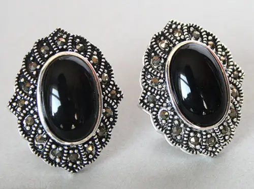 

HOT SELL - New 925 Sterling Silver Jewelry Black Agate Marcasite Stud Earrings -Top quality free shipping