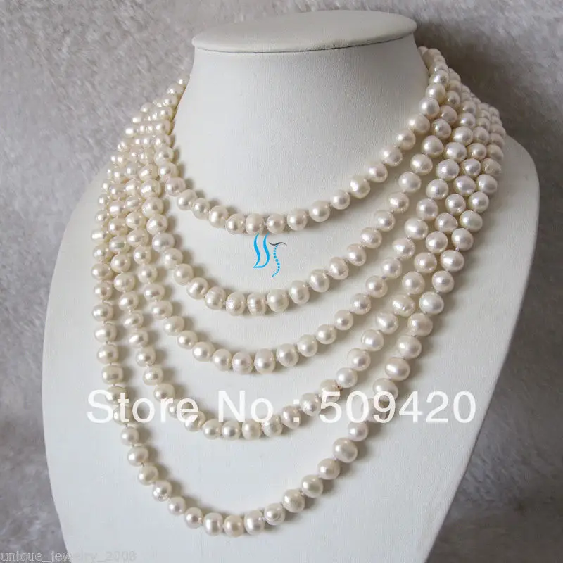

~~ Free Shipping >>100" 7-9mm White Freshwater Pearl Strand Necklace Cultured