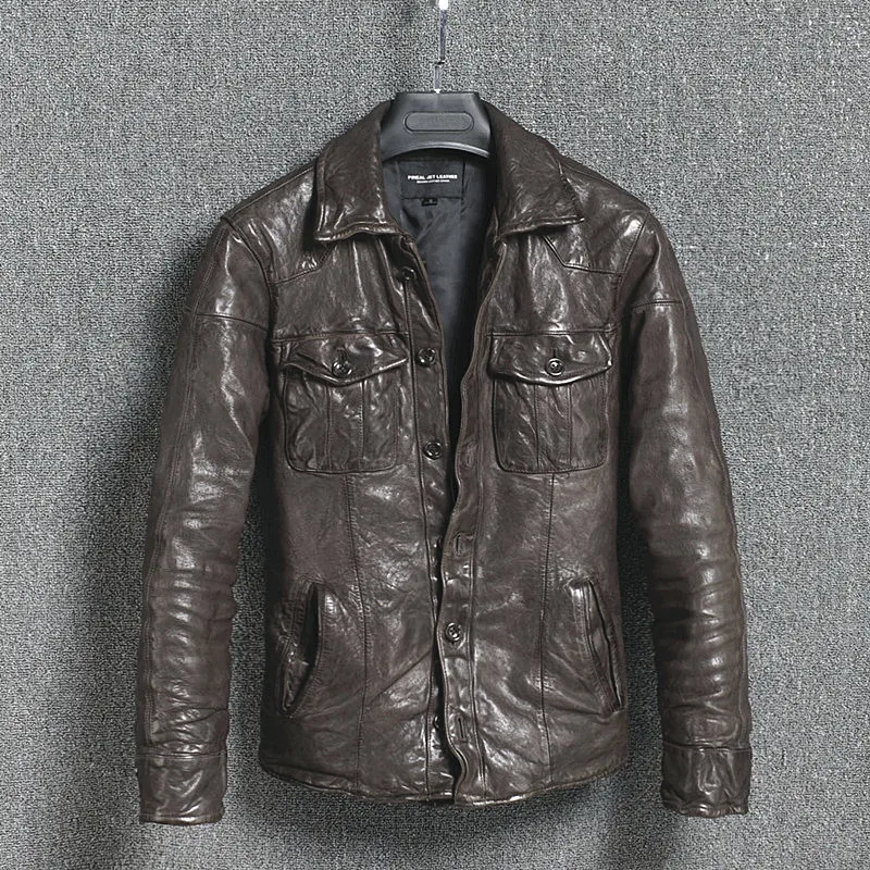 

Genuine Leather Jacket Vintage Slim Men's Leather Jacket Men Motorcycle Sheepskin Coat Short Jaqueta Couro 16301888M01-2 YY411