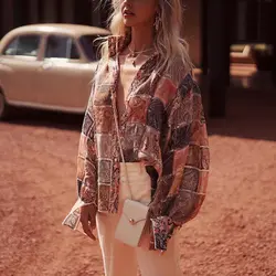 Лето 2019 г. взлетно посадочной полосы дизайнер для женщин Блузка Элегантный квадратный плед Blusas Verano однобортный Boho Chic пляжная блузка