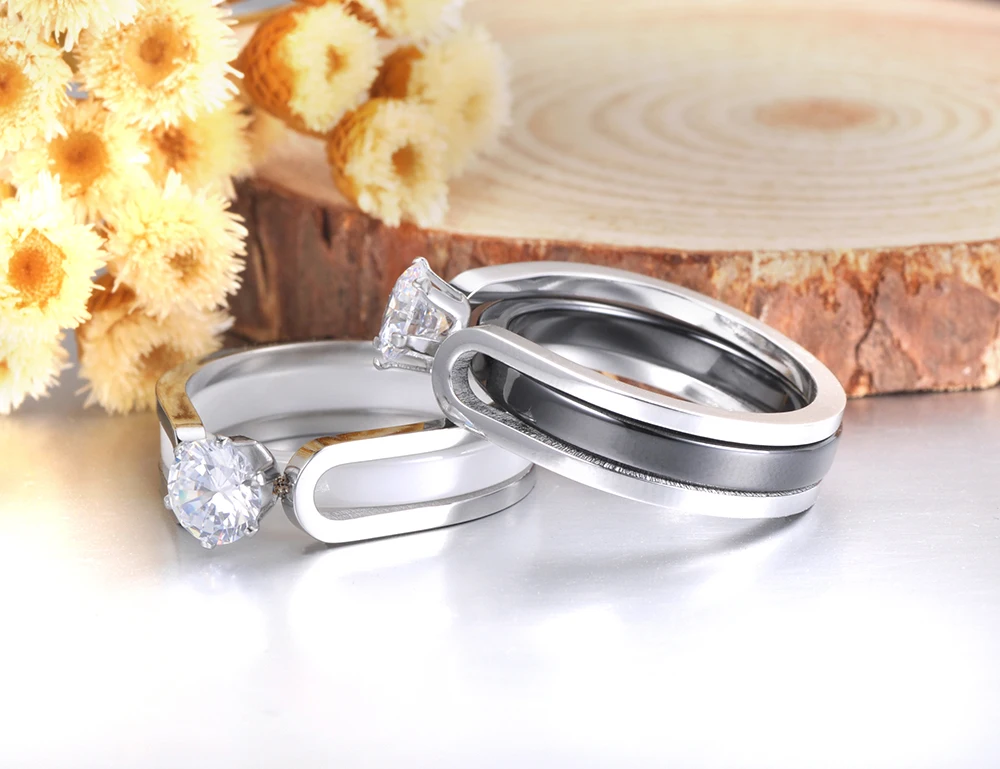 AENINE 2 в 1, черный/белый керамический Кристалл, свадебные кольца, ювелирные изделия для женщин, AAA кубический цирконий, нержавеющая сталь, обручальное кольцо AR18071