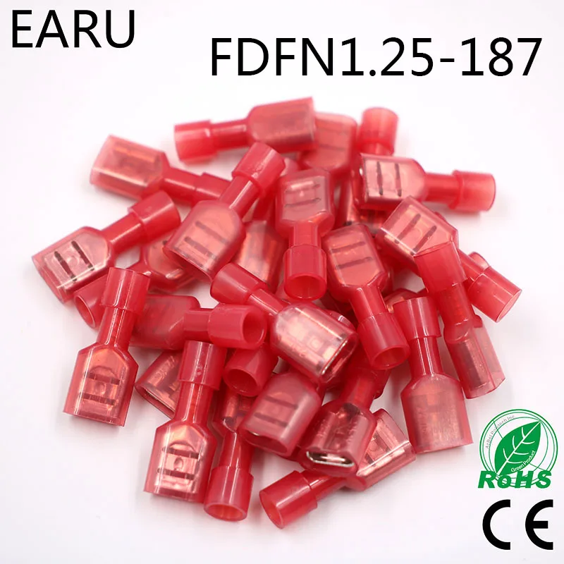 FDFN1-187, FDFN1.25-187, нейлон, латунь, Женская Изолированная лопата, соединительный кабель, разъем провода, 100 шт., 0,5-мм2, 22-18AWG, FDFN разъем