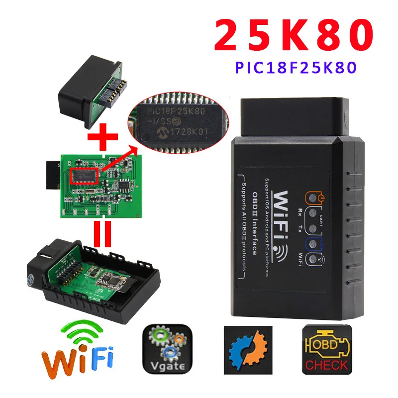 Новый ELM327 Wi-Fi сделано с PIC18F25K80 чип Беспроводной OBDII инструмент диагностики для iPhone/Android/pc ELM 327 V2.1 мягкий Авто сканер