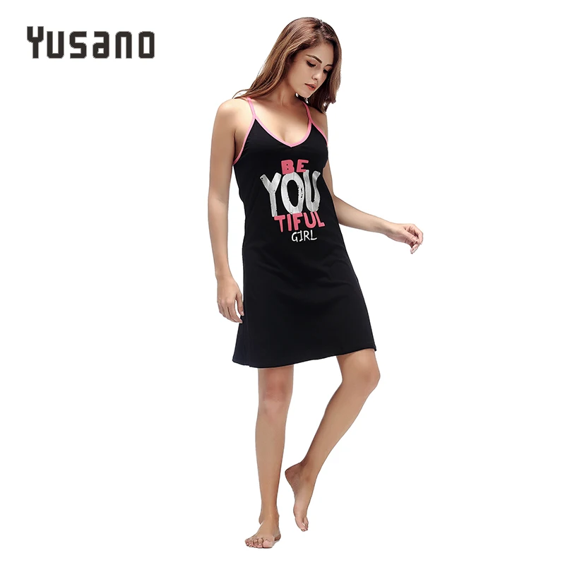 Yusano Summer Nightgown Women Sleeveless V Neck Sexy Cotton Nightdress Girl Letter Print Sleeping Dress Solid Sleepwear