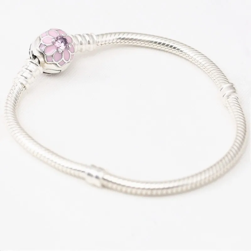 

2017 fashion snake chain really s925 sterling silver suit charm bracelet with pink flower round clip DIY support wholesale