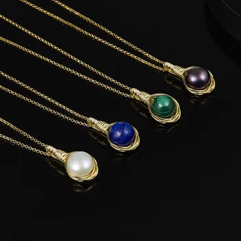 

Ins-APM European and American S925 sterling silver inlaid Gemstone necklace lapis malachite Pearl factory direct selling