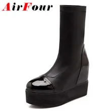 Airfour Mittler-kalb Stretch Stoff frauen stiefel neue keile schneeschuhe mode große größe 34-43 schwarz plattform stiefel Martin schuhe neue
