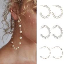 Новые белые серьги-кольца с искусственным жемчугом для девочек на день рождения, большие жемчужные круглые кольца для ушей, модные свадебные украшения для помолвки