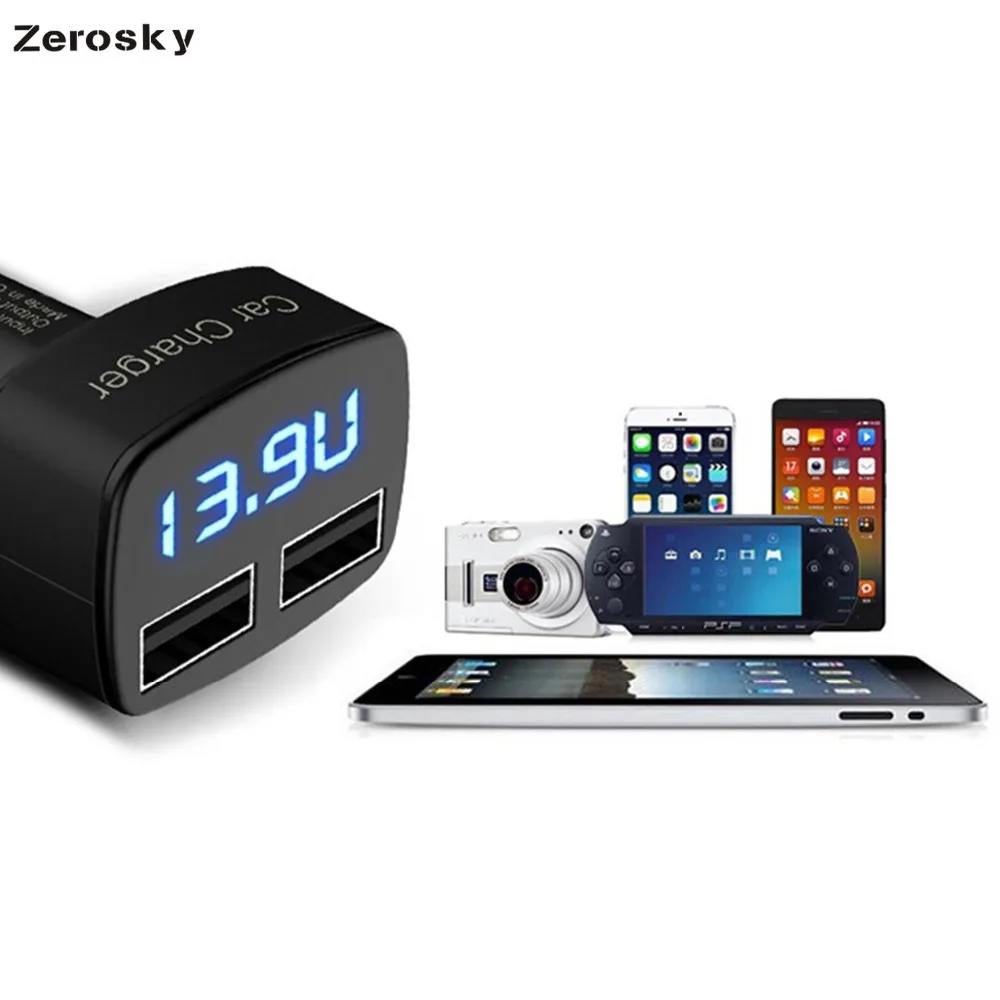 Zerosky Dual USB Автомобильное зарядное устройство 4 в 1 термометр цифровой дисплей зарядка прикуриватель автомобильное зарядное устройство для мобильного телефона