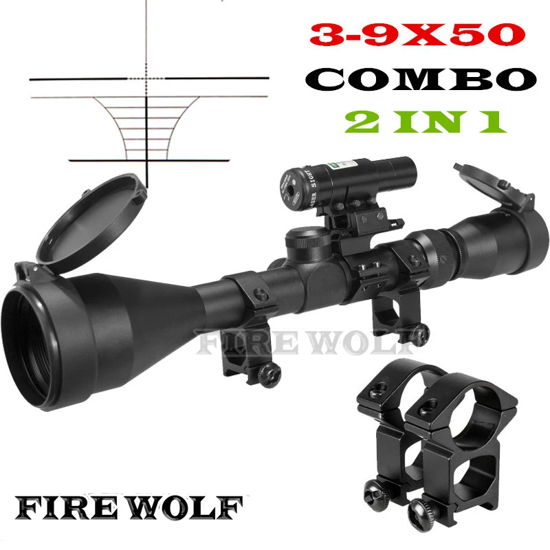 

FIRE WOLF Optical Sight 3-9X50 Riflescope Hunting Optics Y0038 25.4mm Scope Mount with Green Laser Sight CCC