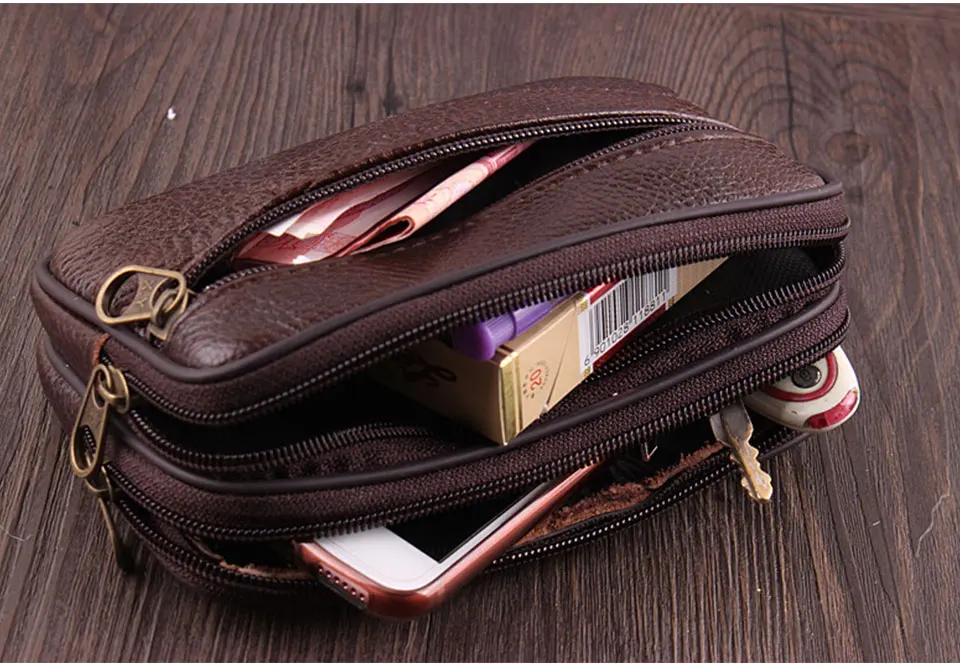 Двойная застежка-молния для мужчин кожаный пояс Многофункциональный 6 дюймов слой кожи мобильный сумка с карманами