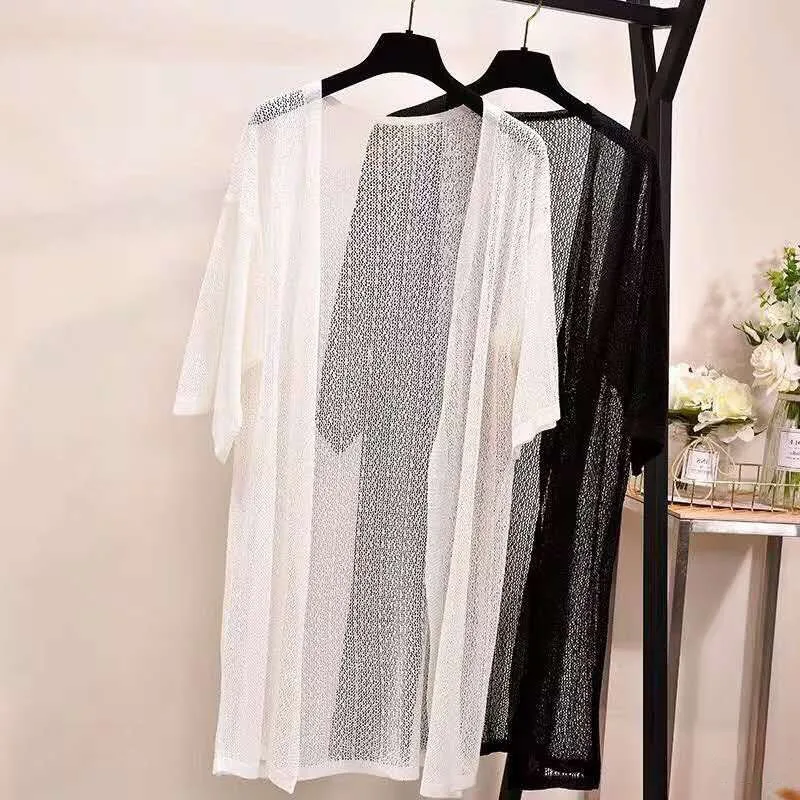 

Summer New Coat Medium Long Air Conditioning Shirt Ice Silk Sweater Sunscreen Cardigan Women Thin Section Ponchos Women Clothing