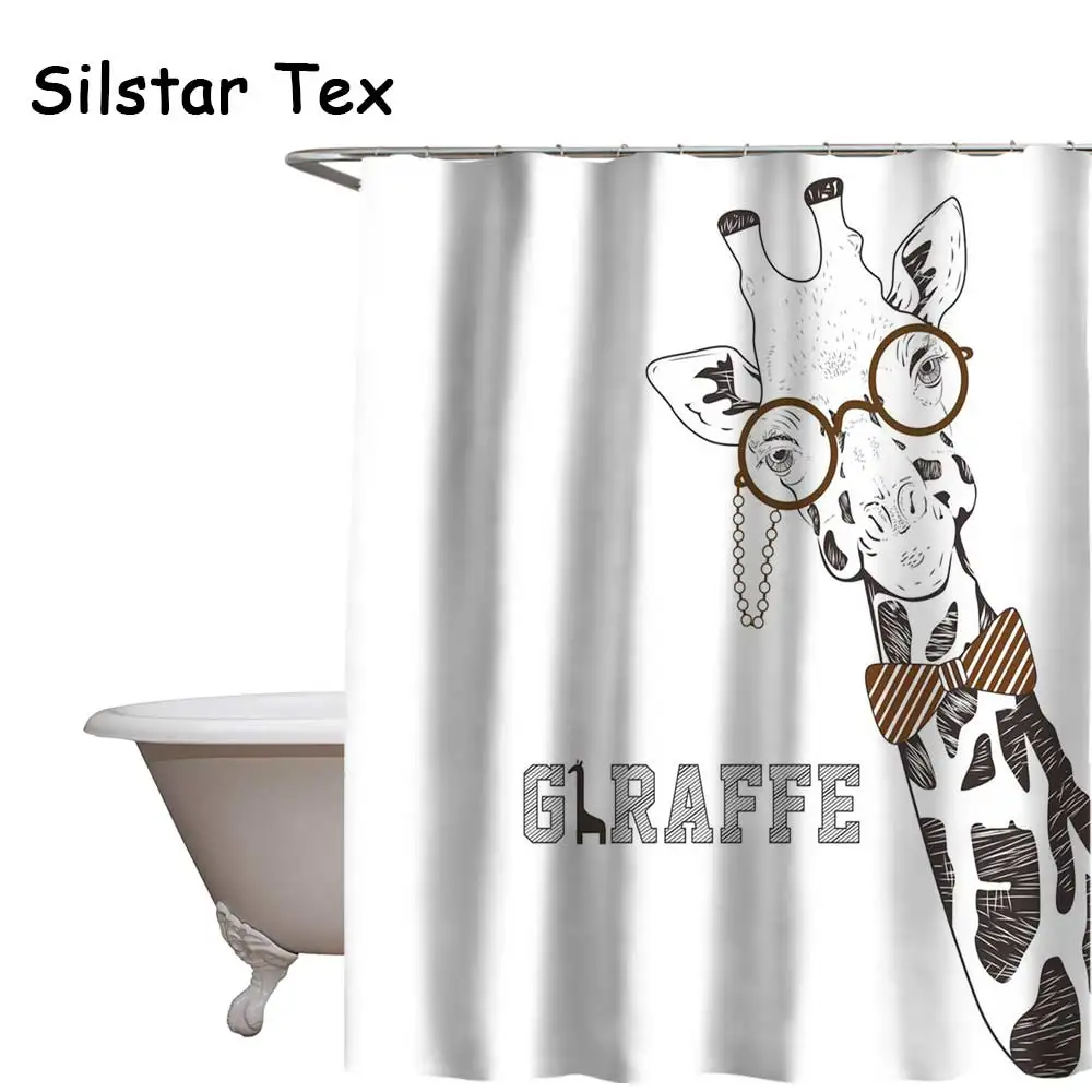 Silstar Tex Cartoon Animal Giraffe Printed Shower Curtain Polyester Fabric Digital Printing WaterProof For Bathroom with Hooks | Дом и сад