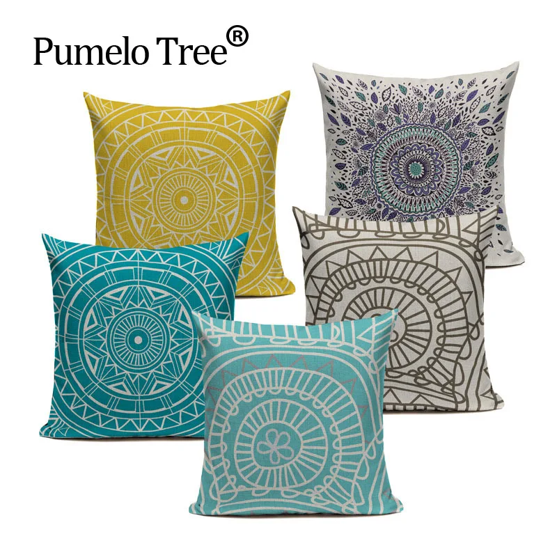

Round Blue Geometric Cushion Cover Cushions Linen Creative Pillow Case For Living Room Bed Room Ethnic 1 PCS Dropshiping Simple