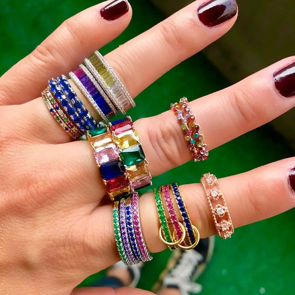 

2019 new Silver plated multi color blue\green\orange zirconia band rainbow cz ring women colorful full cz dainty stacking rings